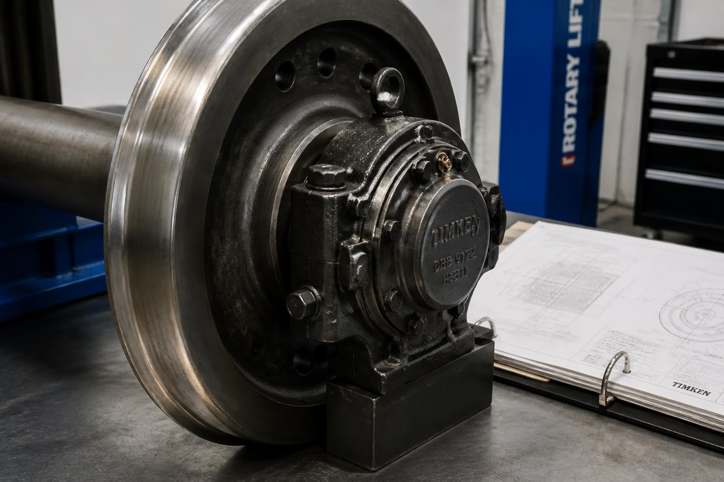 Close-up of a heavy rail wheelset and axle bearing assembly