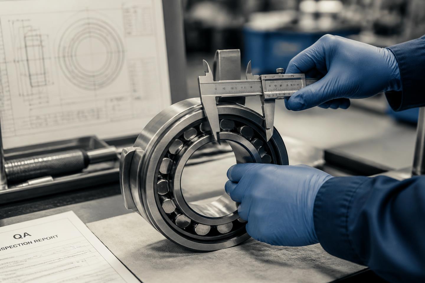Technician inspecting an industrial bearing with precision calipers