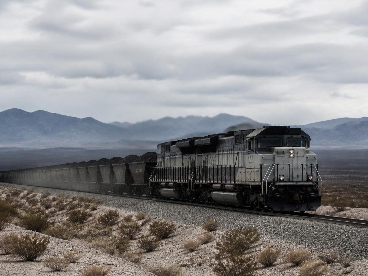 Heavy coal freight diesel locomotive hauling loaded hoppers across open desert